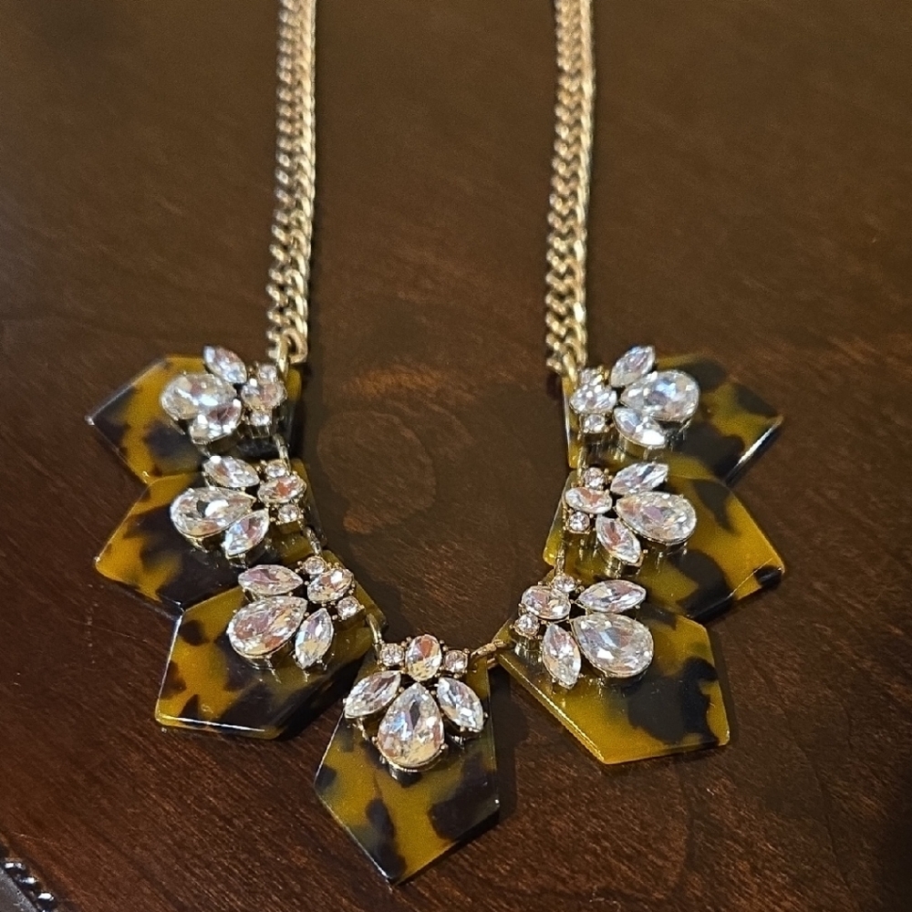 J. Crew Gold-Tone Tortoiseshell Pendant Necklace with Clear Crystals